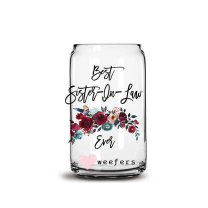 Best Sister In Law Ever Burgundy Floral 16oz Libbey Glass Can UV DTF or Sublimation Wrap - Decal - Weefers