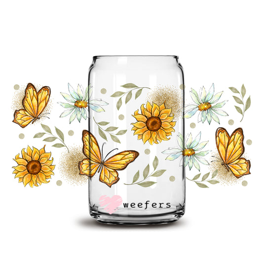 Butterflies and Sunflowers 16oz Libbey Glass Can UV DTF or Sublimation Cup Wrap - Decal Transfer - Weefers