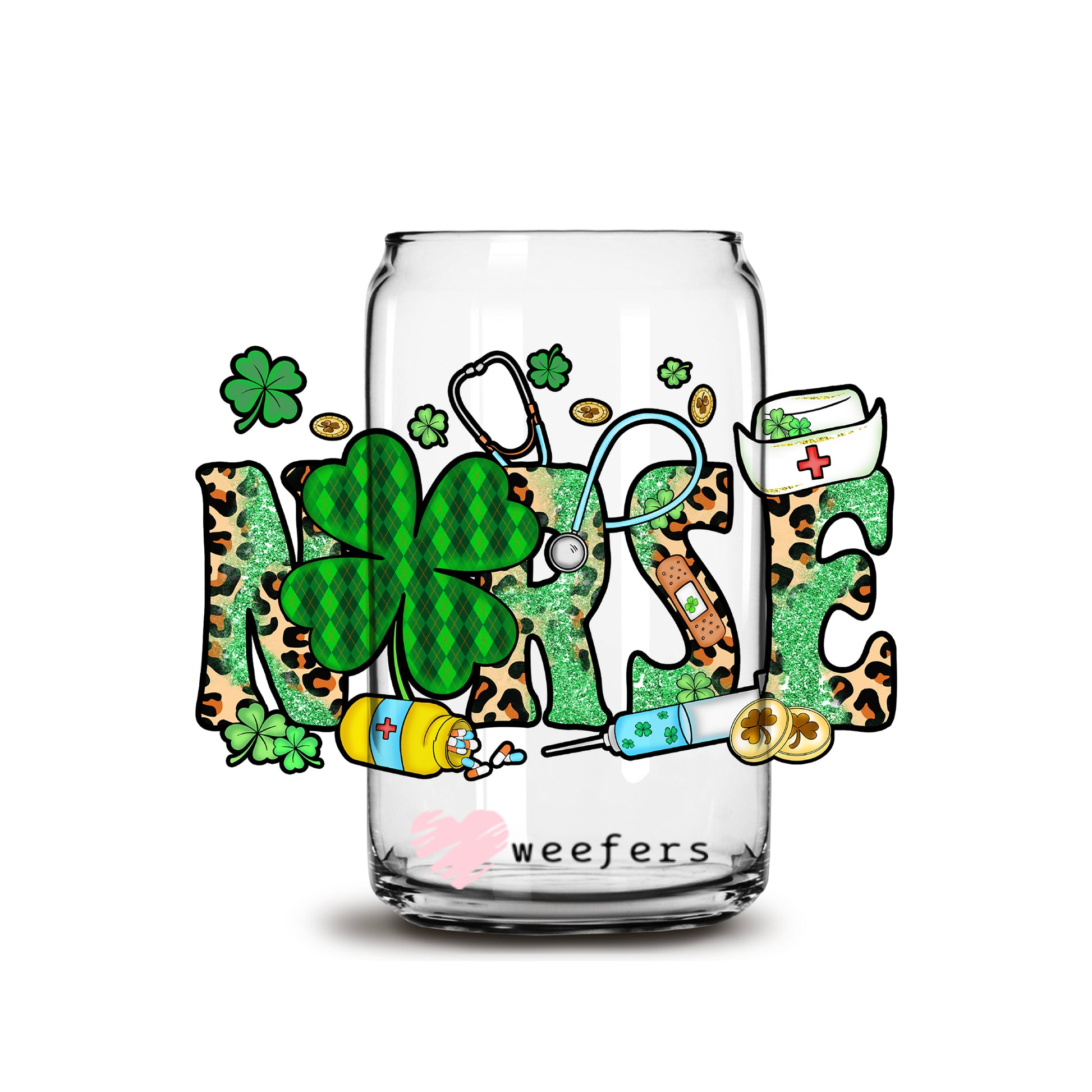 St Patrick's Day - Nurse Shamrocks Libbey Glass Can Wrap UV DTF Sublimation Transfers - Weefers