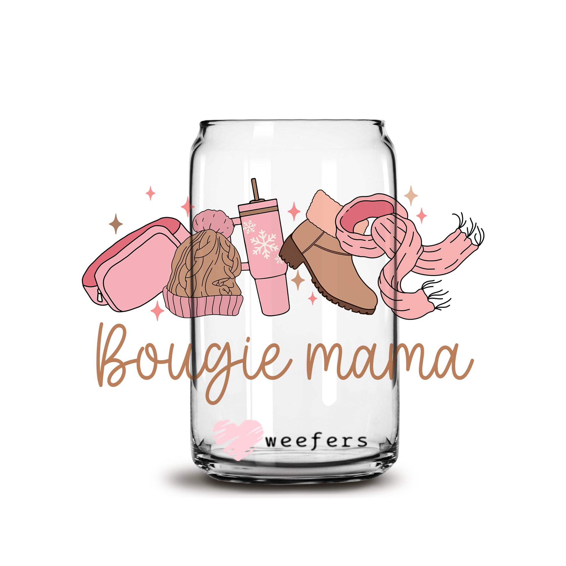 Pink and Brown Bougie Mama 16oz Libbey Glass Can UV DTF or Sublimation Cup Wrap - Decal Transfer - Weefers