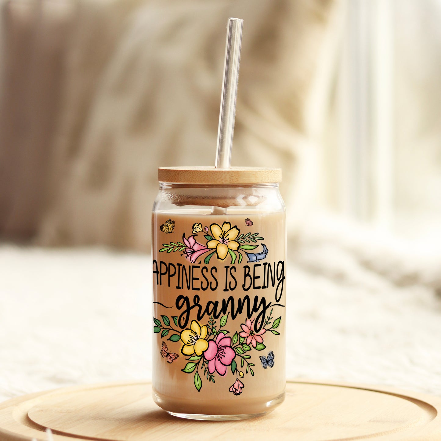 Happiness is being a Granny 16oz Libbey Glass Can UV DTF or Sublimation Cup Wrap - Decal Transfer - Weefers