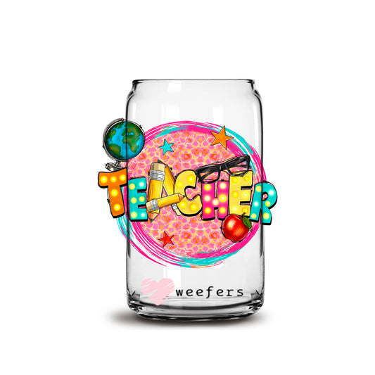 Bright Cheetah Teacher 16oz Libbey Glass Can UV DTF or Sublimation Wrap - Decal Weefers