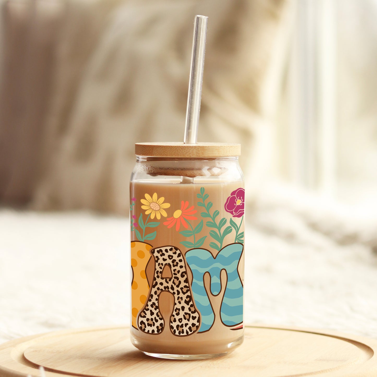 Boho Floral Mama Orange Leopard 16oz Libbey Glass Can UV DTF or Sublimation Cup Wrap - Decal Transfer - Weefers