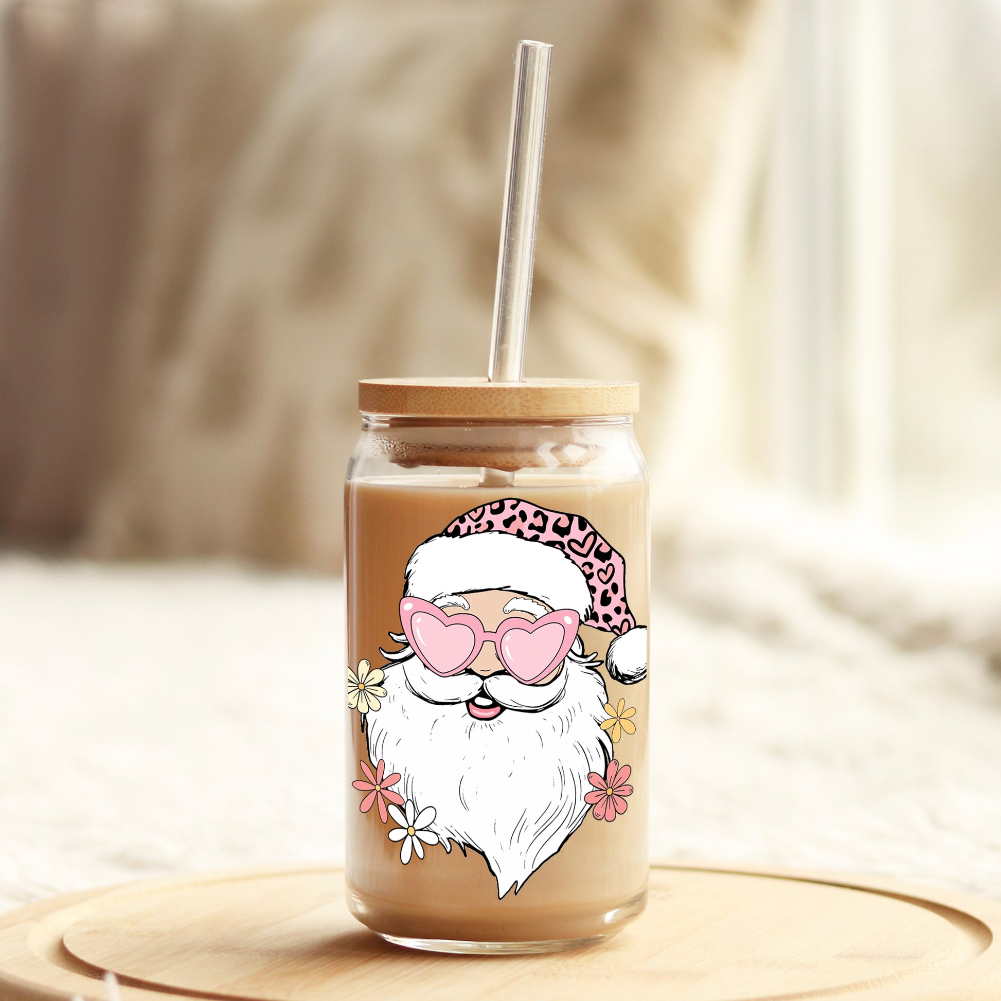 Groovy Pink Santa Christmas 16oz Libbey Glass Can UV DTF or Sublimation Cup Wrap - Decal Transfer - Weefers