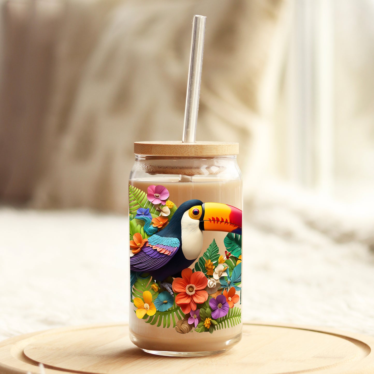 Colorful Toucan 16oz Libbey Glass Can UV DTF or Sublimation Cup Wrap - Decal Transfer - Weefers