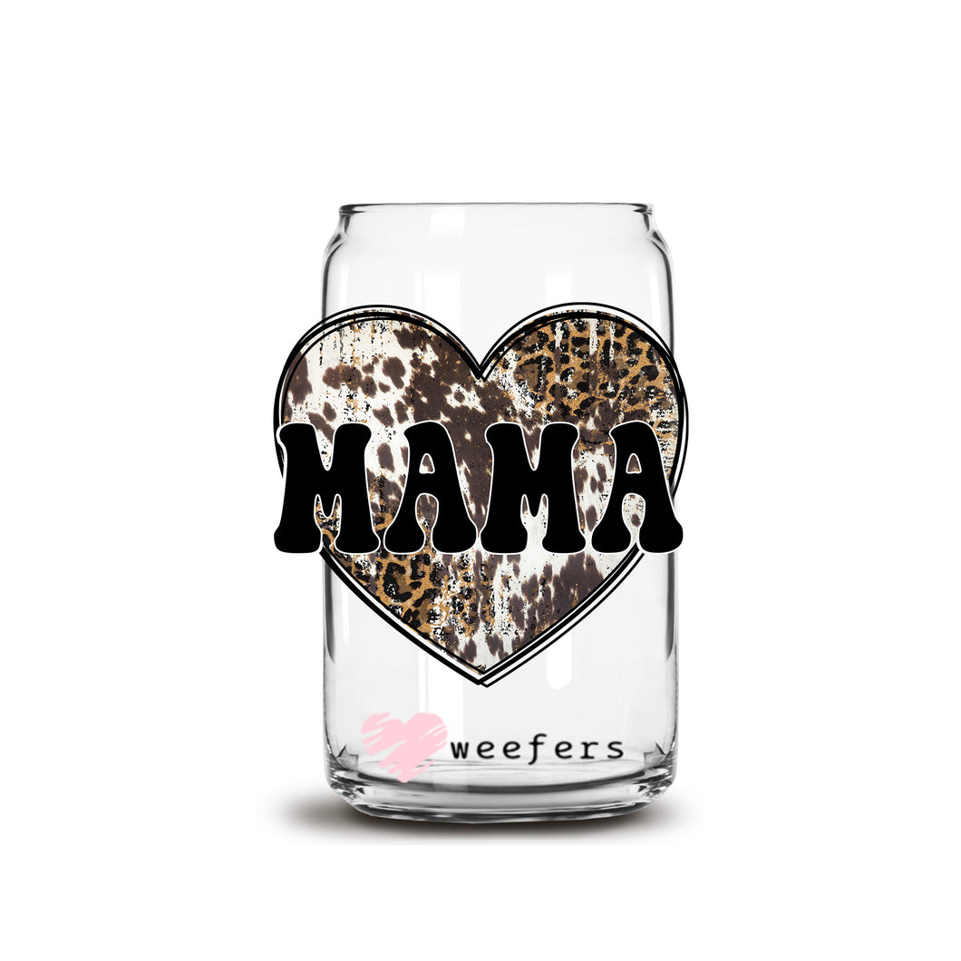 a glass jar with a leopard print heart and the word mama on it