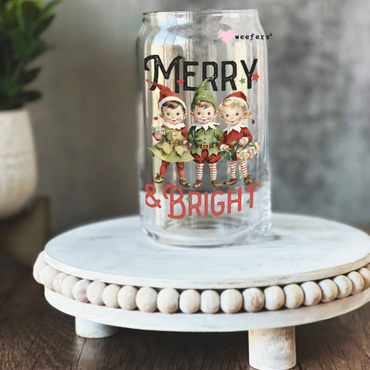 Merry and Bright Vintage Christmas 16oz Libbey Glass Can UV DTF or Sublimation Wrap - Decal - Weefers