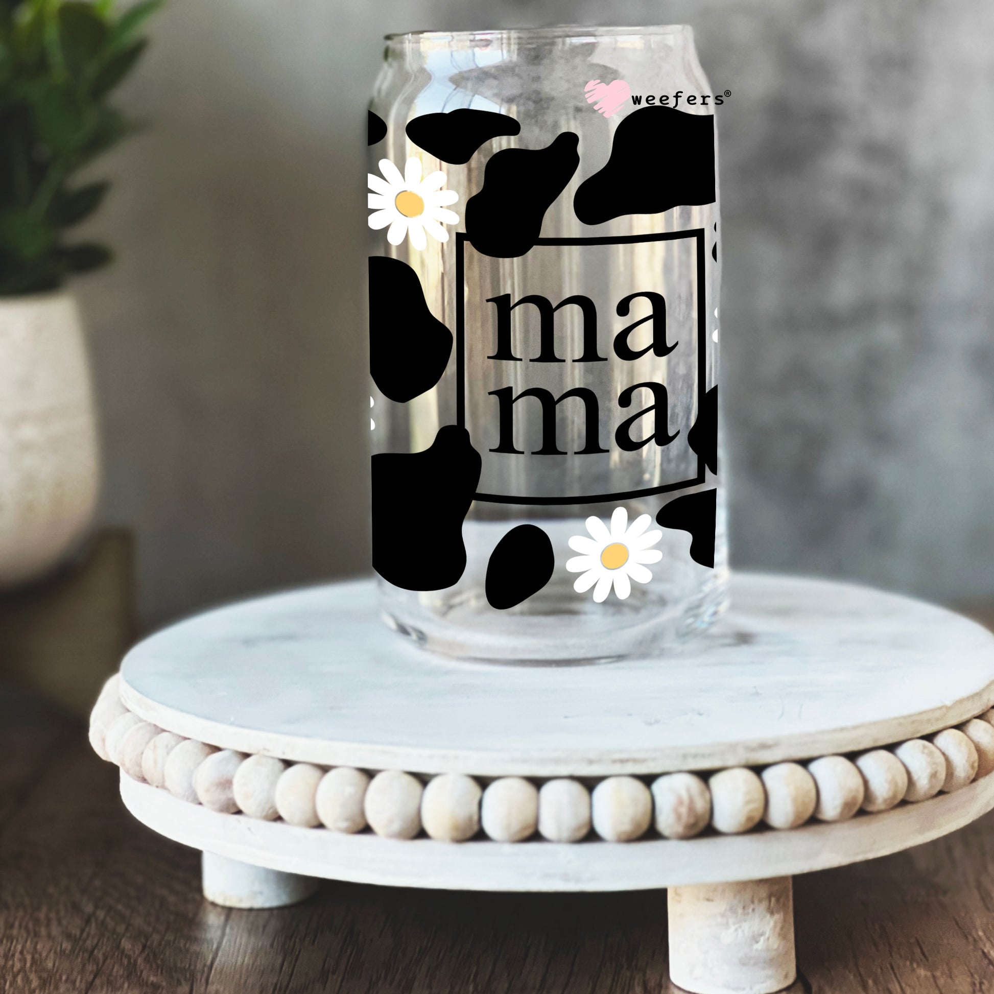 Mama Black Cow Print and Daisies 16oz Libbey Glass Can UV DTF or Sublimation Wrap - Decal - Weefers