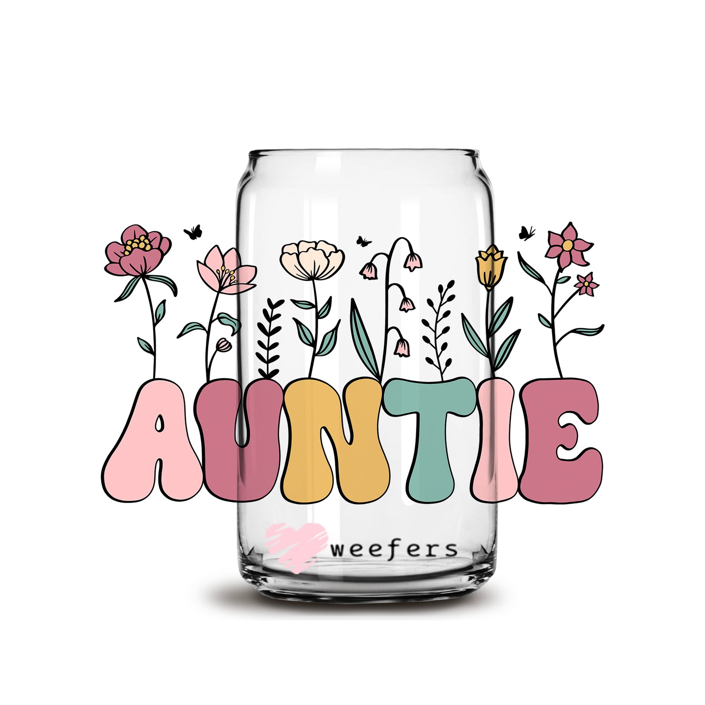 Auntie Wild Flowers 16oz Libbey Glass Can UV DTF or Sublimation Cup Wrap - Decal Transfer - Weefers