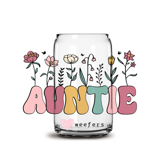 Auntie Wild Flowers 16oz Libbey Glass Can UV DTF or Sublimation Cup Wrap - Decal Transfer Weefers