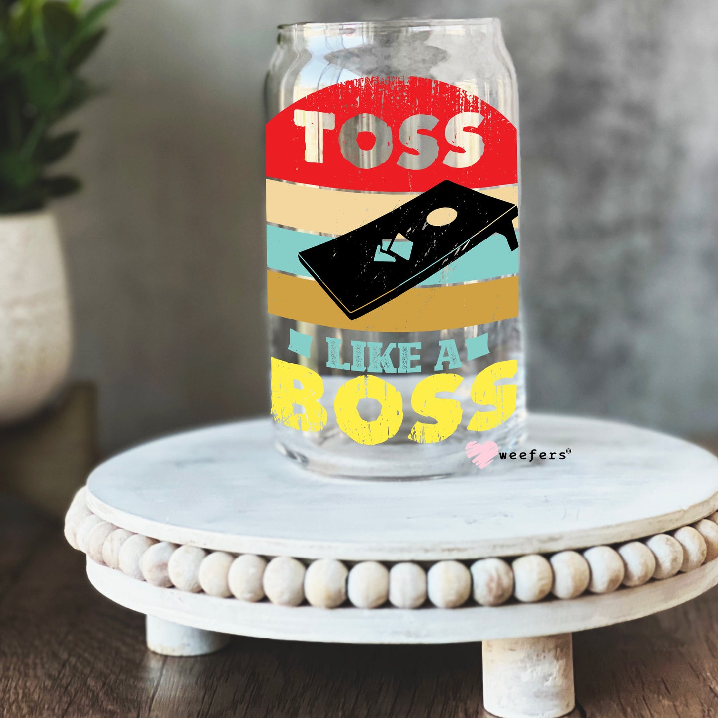 Toss Like a Boss Cornhole 16oz Libbey Glass Can UV DTF or Sublimation Wrap - Decal - Weefers