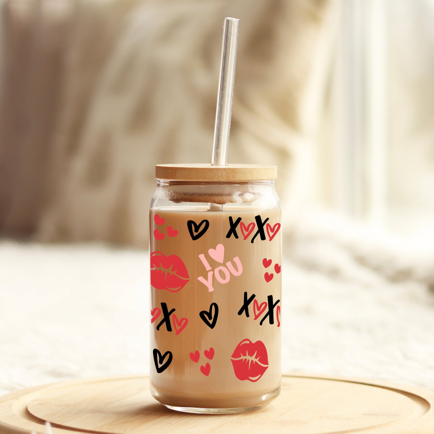 I Love You XOXO Valentine's Day 16oz Libbey Glass Can UV DTF or Sublimation Cup Wrap - Decal Transfer - Weefers