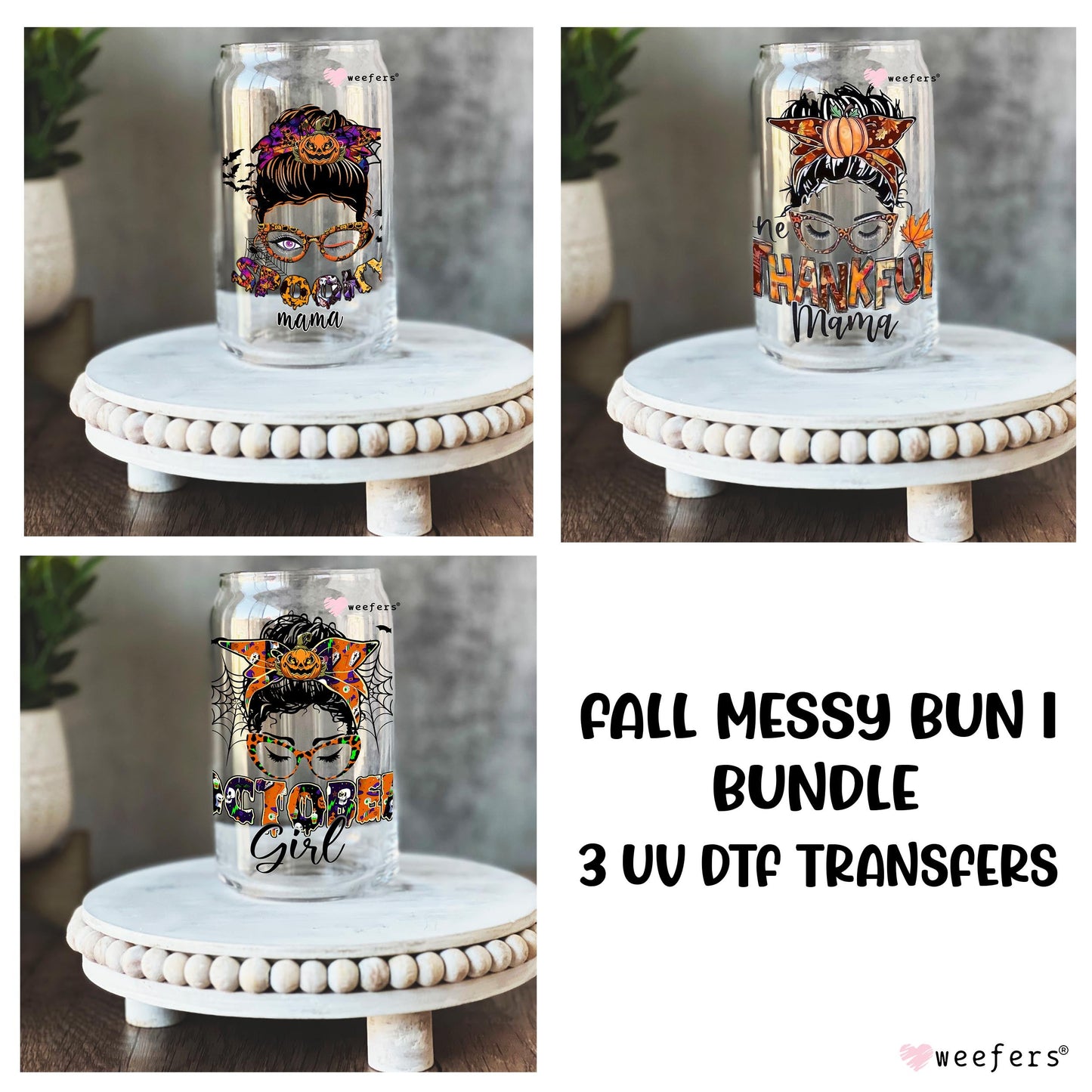 Fall Messy Bun 1 Bundle x 3 16oz Libbey Glass Can UV DTF or Sublimation Wrap - Decal Weefers