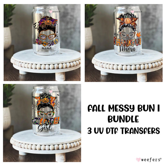 Fall Messy Bun 1 Bundle x 3 16oz Libbey Glass Can UV DTF or Sublimation Wrap - Decal - Weefers