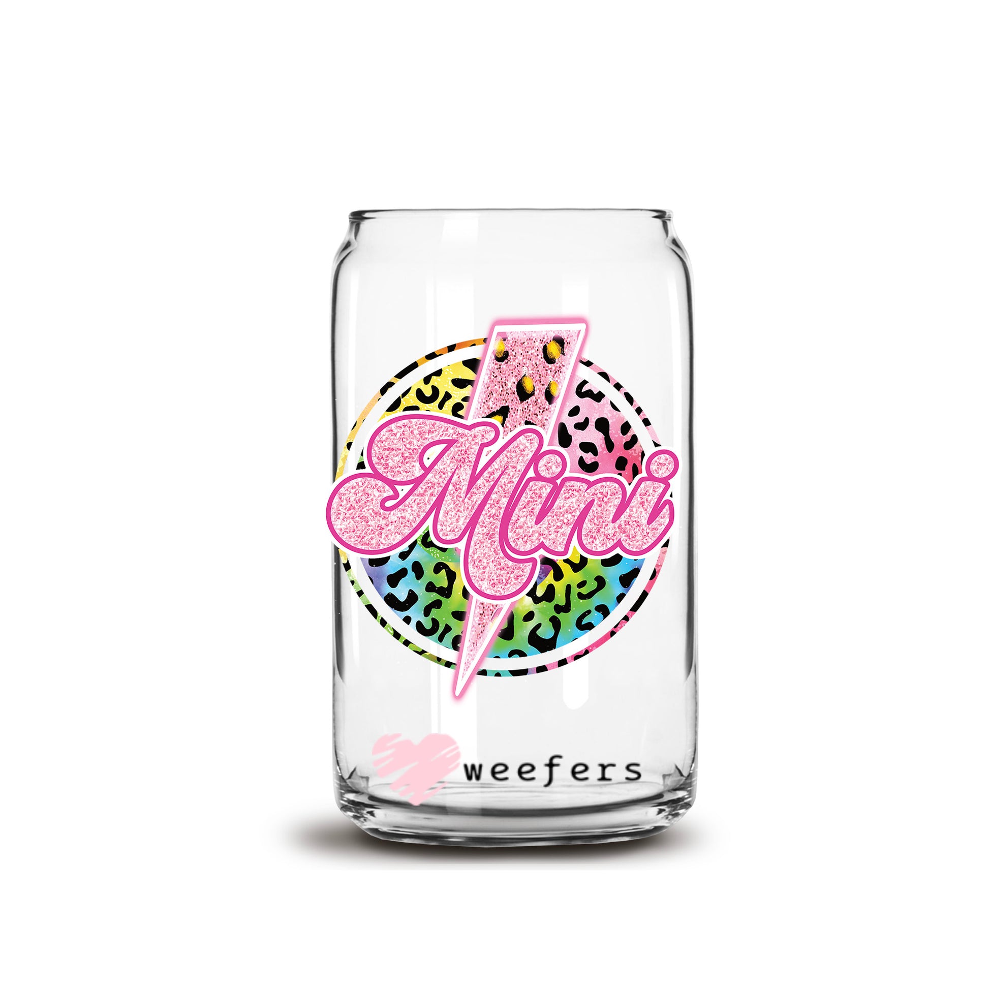 Pink Mini Cheetah Lightening Bolt 16oz Libbey Glass Can UV DTF or Sublimation Cup Wrap - Decal Transfer - Weefers