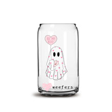 Load image into Gallery viewer, a glass jar with a picture of a ghost holding a heart balloon
