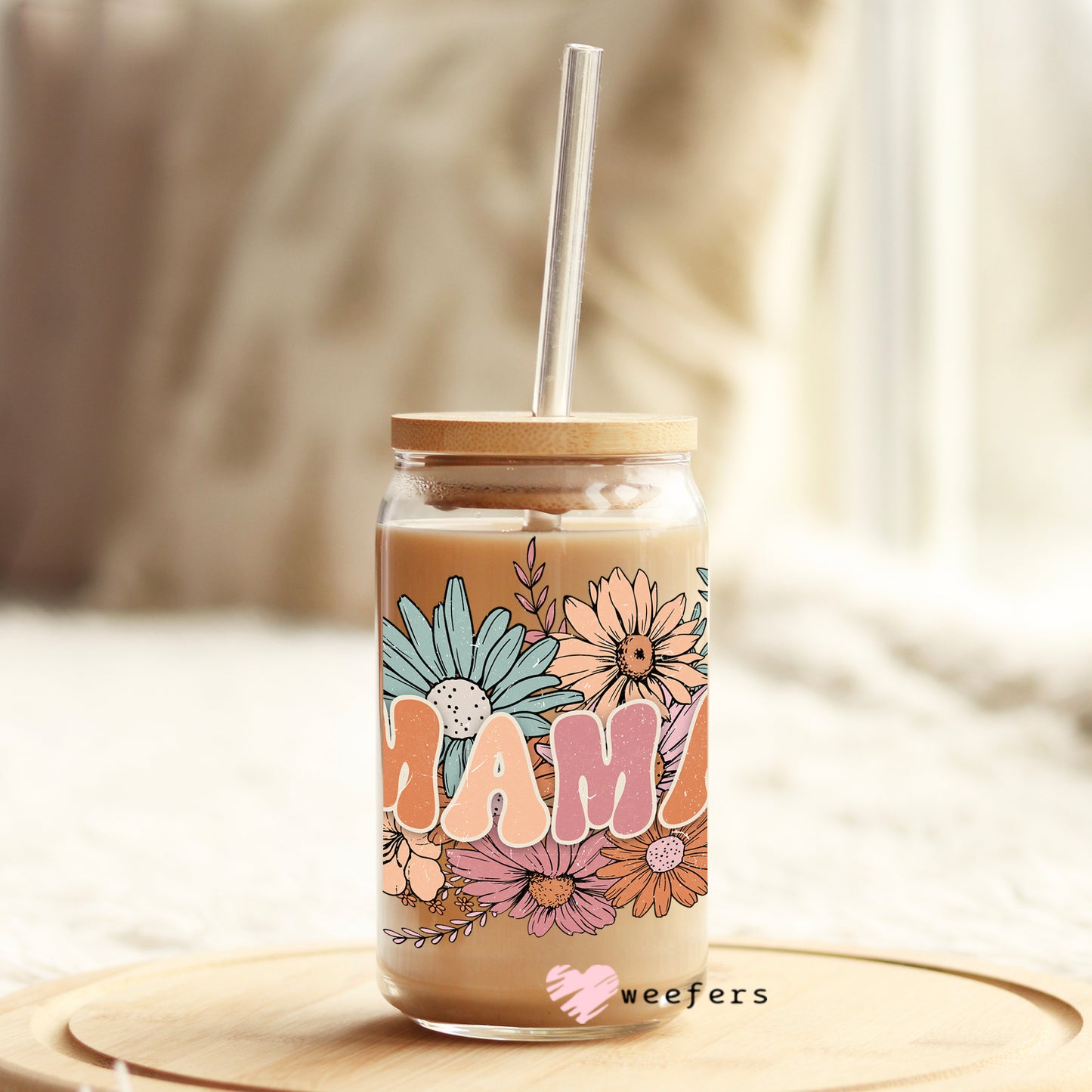 Boho Floral Mama 16oz Libbey Glass Can UV DTF or Sublimation Wrap - Decal - Weefers