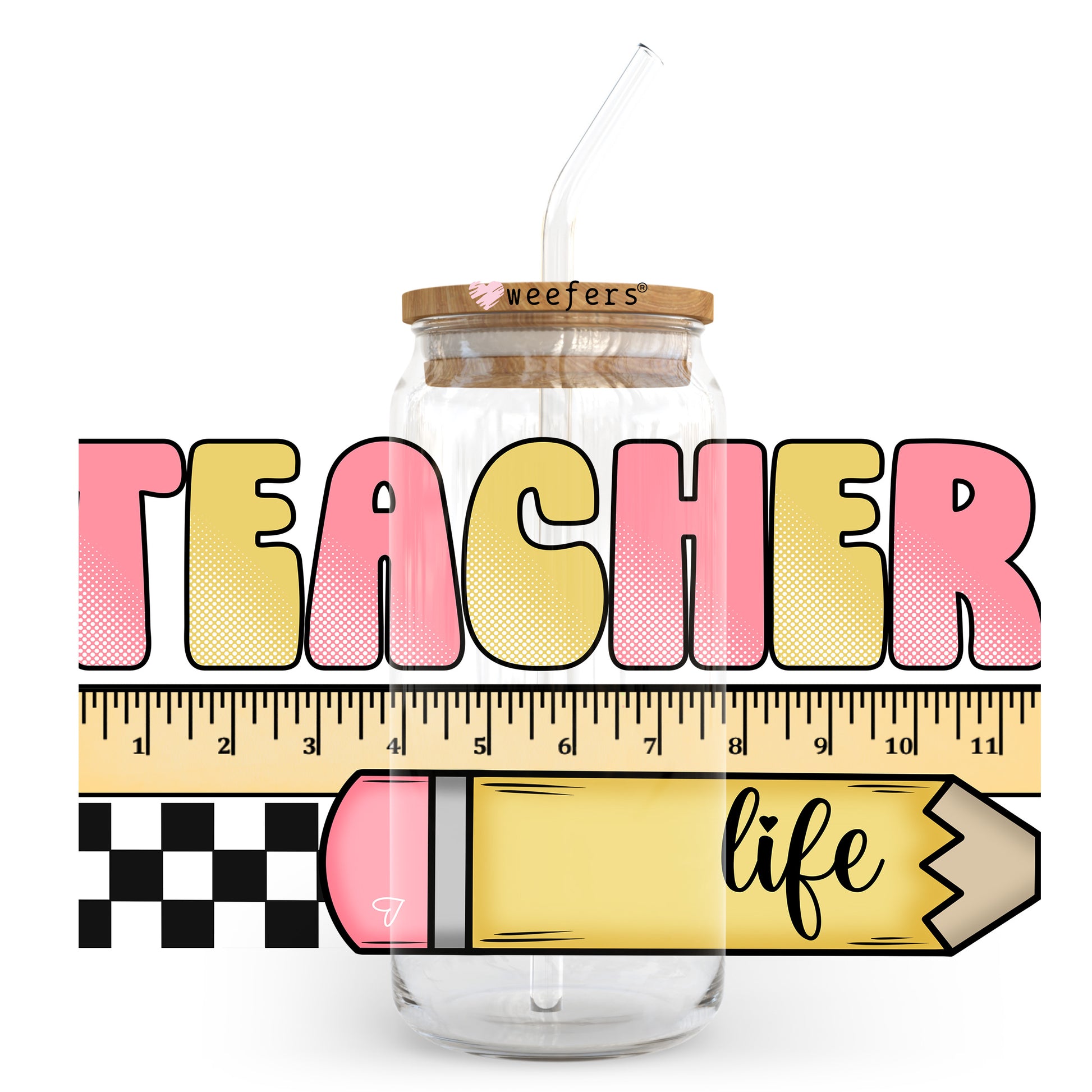 Teacher Life Pencil and Ruler Cow 20oz Libbey Glass Can UV DTF or Sublimation Wrap - Decal Transfer - Weefers