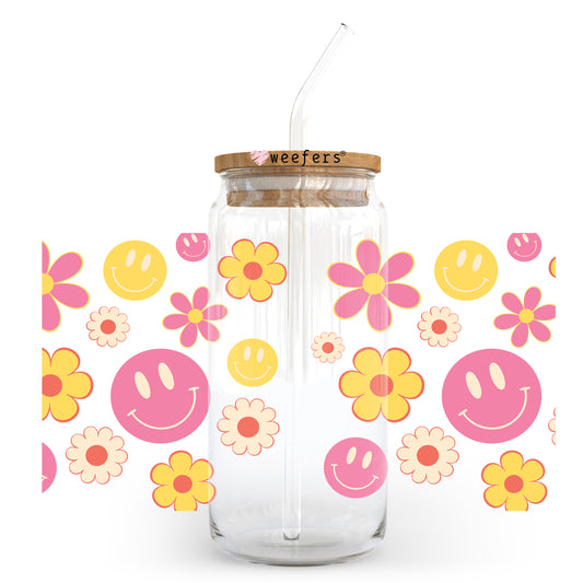 Pink and Yellow Retro Smiles and flowers 20oz Libbey Glass Can UV DTF or Sublimation Wrap - Decal Transfer - Weefers