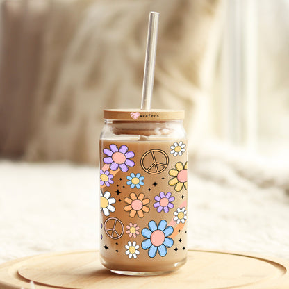 Peaceful Petals 16oz Libbey Glass Can UV DTF or Sublimation Cup Wrap - Decal Transfer - Weefers