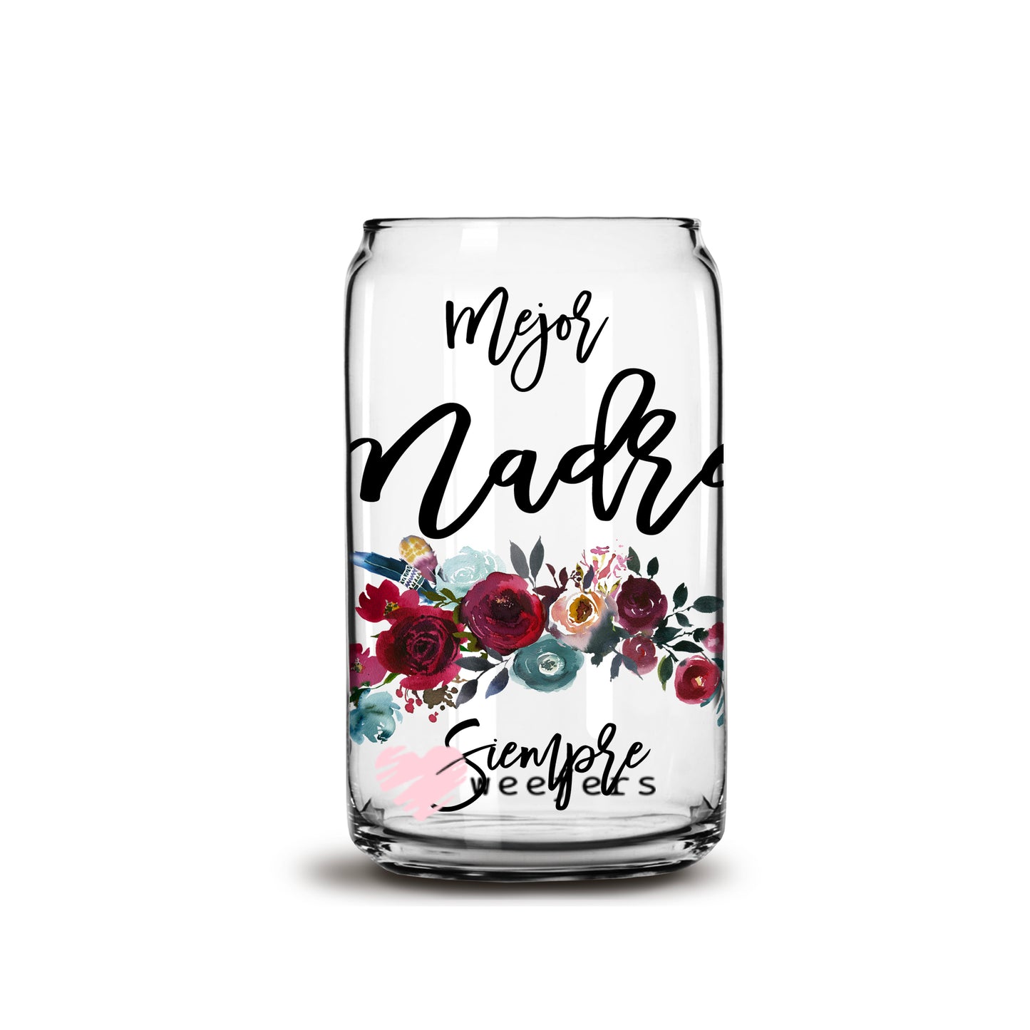 Spanish Mejor Madre Siempre Burgundy Floral 16oz Libbey Glass Can UV DTF or Sublimation Wrap - Decal - Weefers