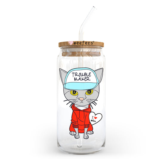 Troublemaker Cat 20oz Libbey Glass Can UV DTF or Sublimation Wrap - Decal Transfer - Weefers