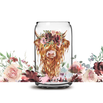 Pink Floral Highlander Cow Libbey Glass Can UV DTF or Sublimation Wrap - Decal - Weefers