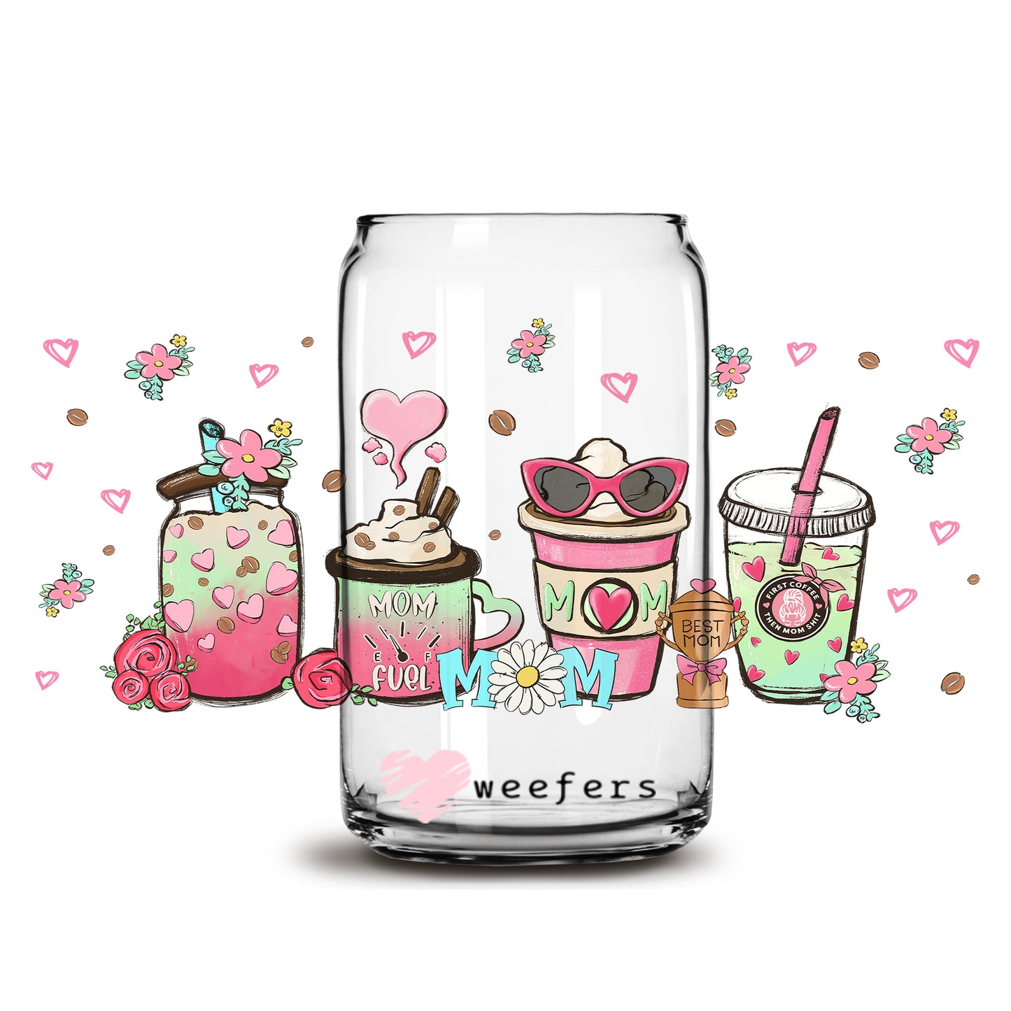 Pink Mom Latte 16oz Libbey Glass Can UV DTF or Sublimation Wrap - Decal - Weefers