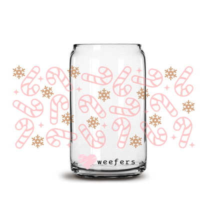 Pink Candy Canes Christmas 16oz Libbey Glass Can UV DTF or Sublimation Wrap - Decal - Weefers