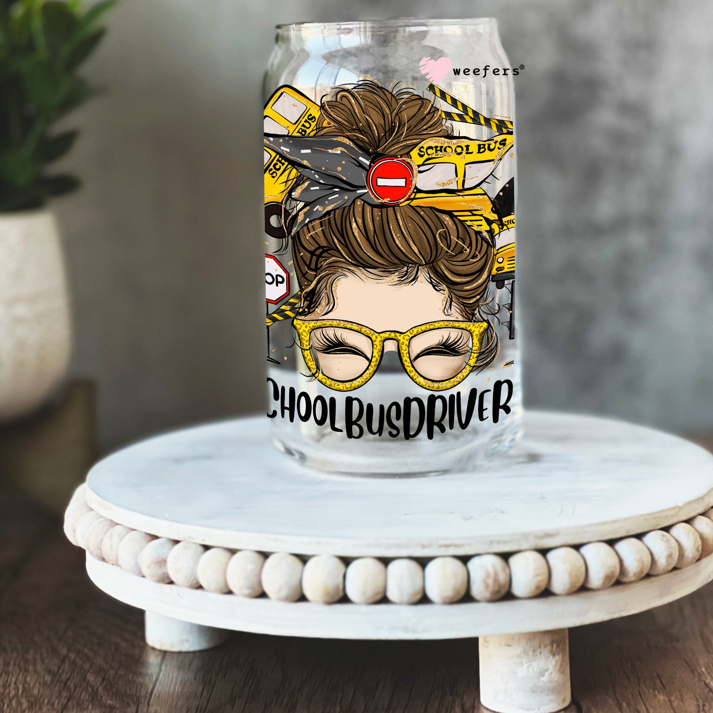 School Bus Driver Life Messy Bun 16oz Libbey Glass Can UV DTF or Sublimation Wrap - Decal - Weefers