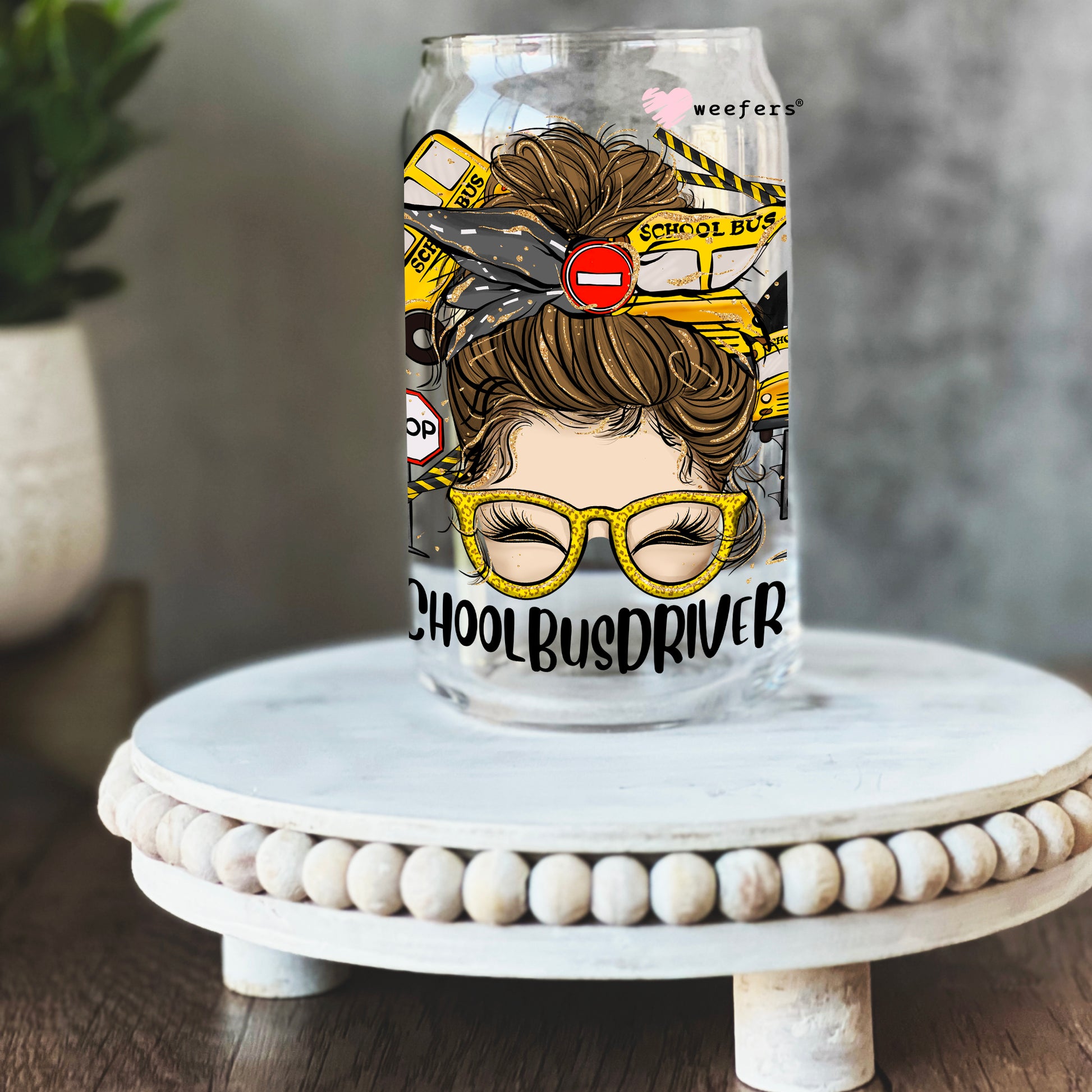 School Bus Driver Life Messy Bun 16oz Libbey Glass Can UV DTF or Sublimation Wrap - Decal - Weefers