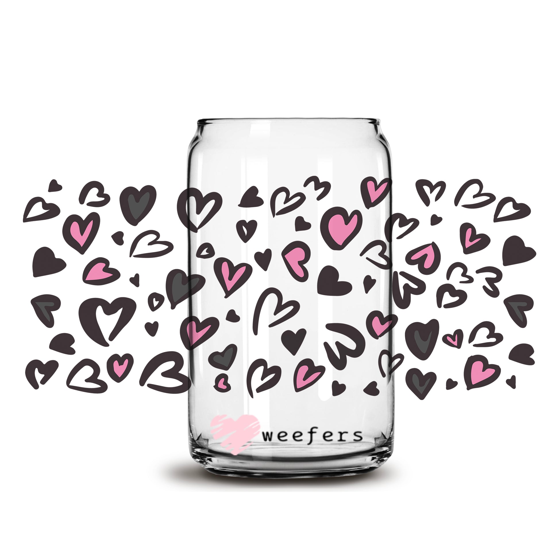 Grey and Pink Hearts Valentine's Day 16oz Libbey Glass Can UV DTF or Sublimation Cup Wrap - Decal Transfer - Weefers