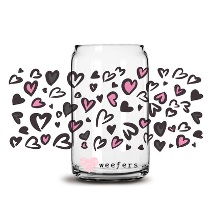 Grey and Pink Hearts Valentine's Day 16oz Libbey Glass Can UV DTF or Sublimation Cup Wrap - Decal Transfer - Weefers