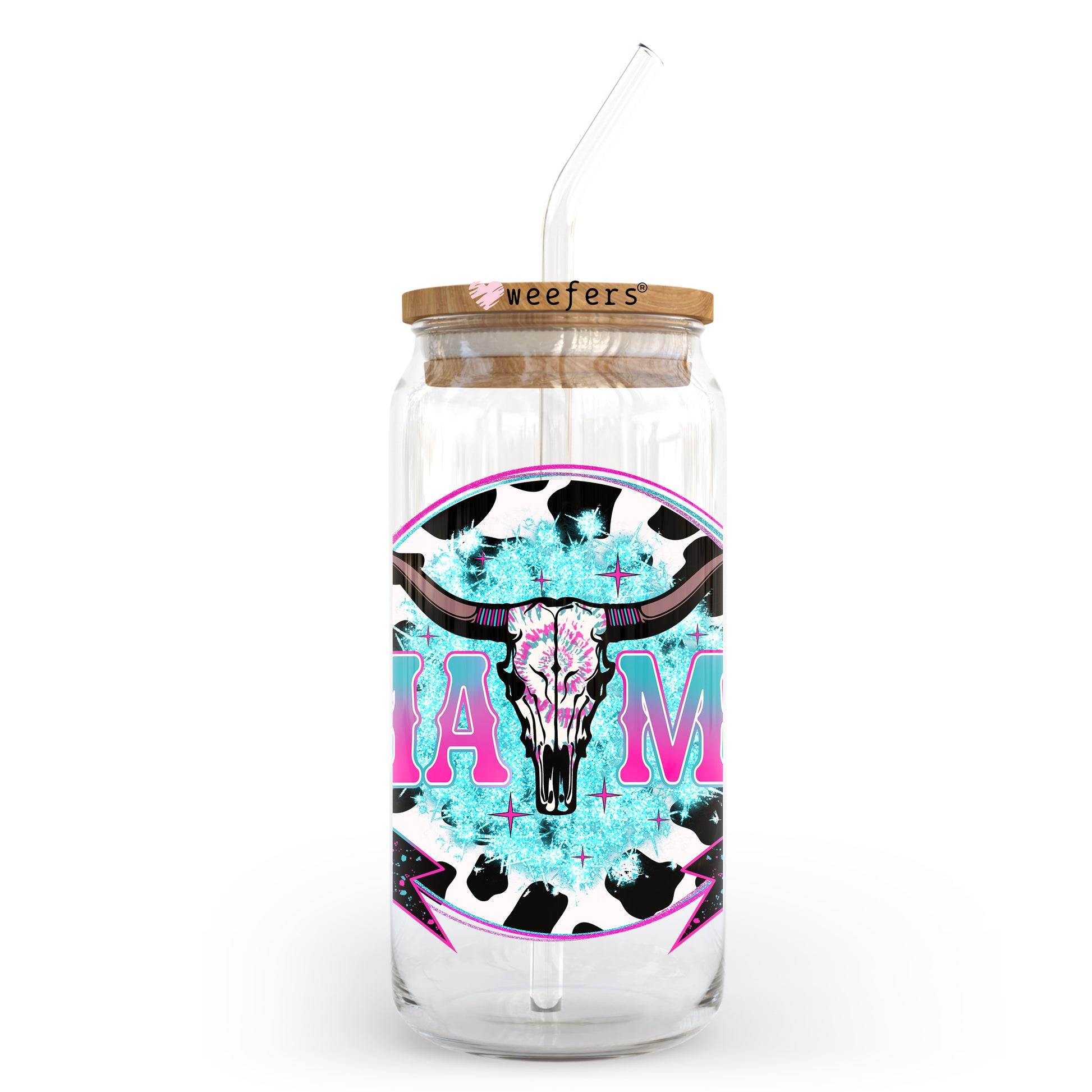 Mama Teal Cowhide 20oz Libbey Glass Can UV DTF or Sublimation Wrap - Decal Transfer - Weefers