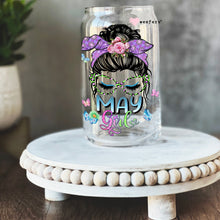 Load image into Gallery viewer, Messy Bun May Girl Birthday Month 16oz Libbey Glass Can UV-DTF or Sublimation Wrap - Decal
