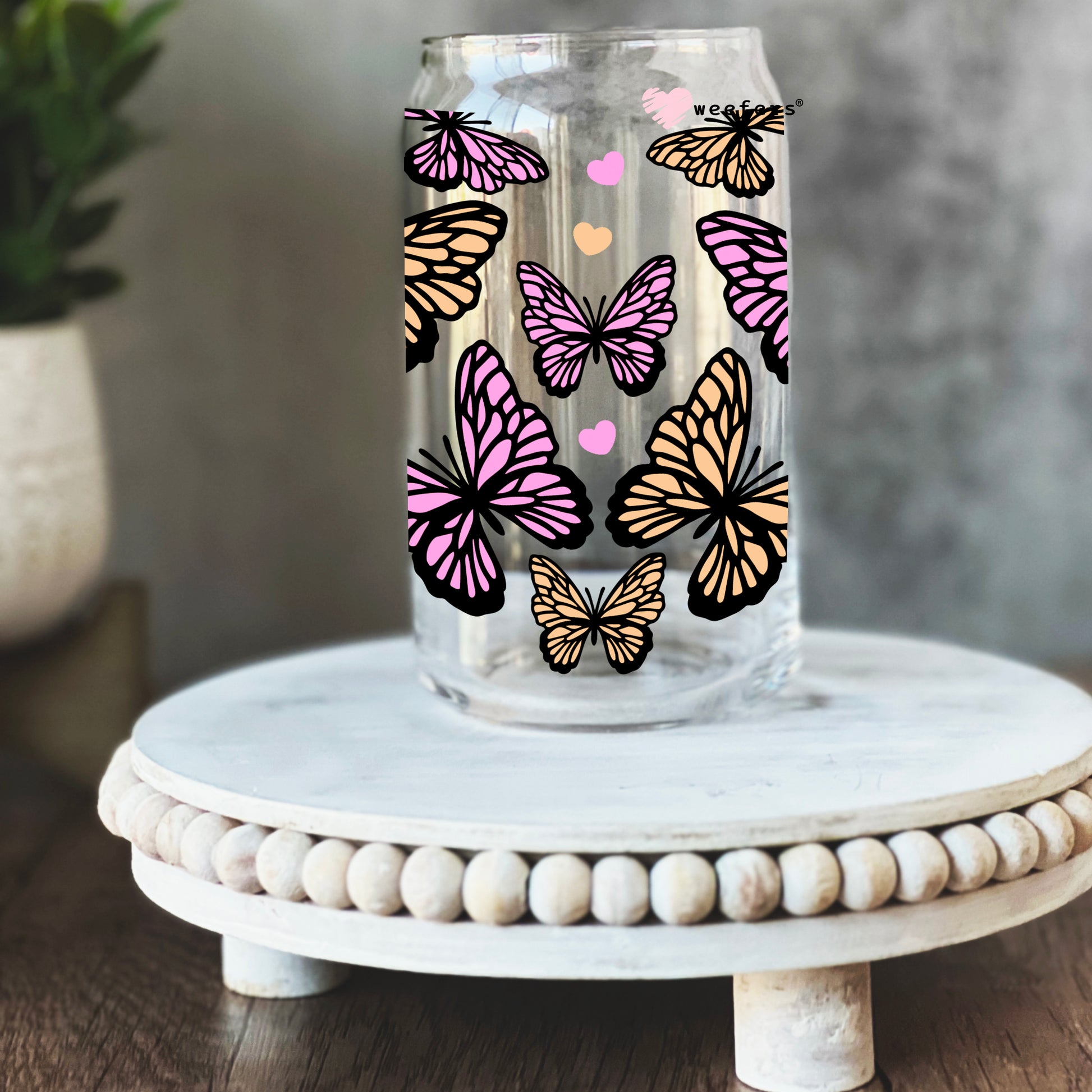 Pink and Yellow Butterflies 16oz Libbey Glass Can UV DTF or Sublimation Wrap - Decal - Weefers