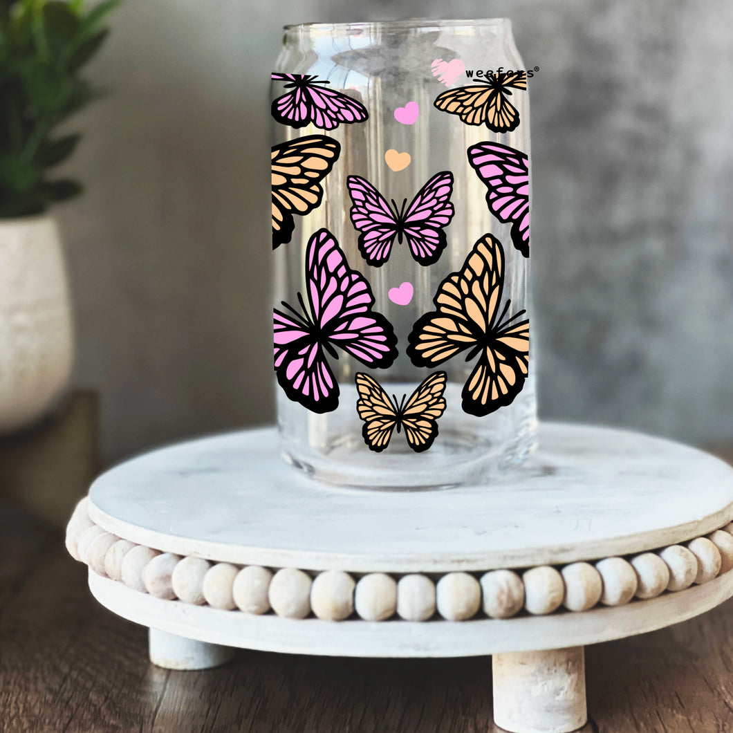 Pink and Yellow Butterflies 16oz Libbey Glass Can UV-DTF or Sublimation Wrap - Decal