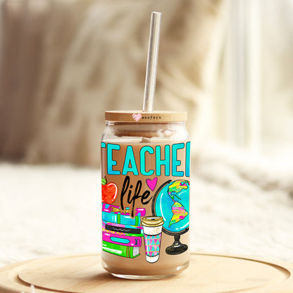 Teacher Life Globe 16oz Libbey Glass Can UV DTF or Sublimation Wrap - Decal - Weefers