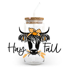 Load image into Gallery viewer, Hay Fall Cow 20oz Libbey Glass Can, 34oz Hip Sip, 40oz Tumbler UVDTF or Sublimation Decal Transfer
