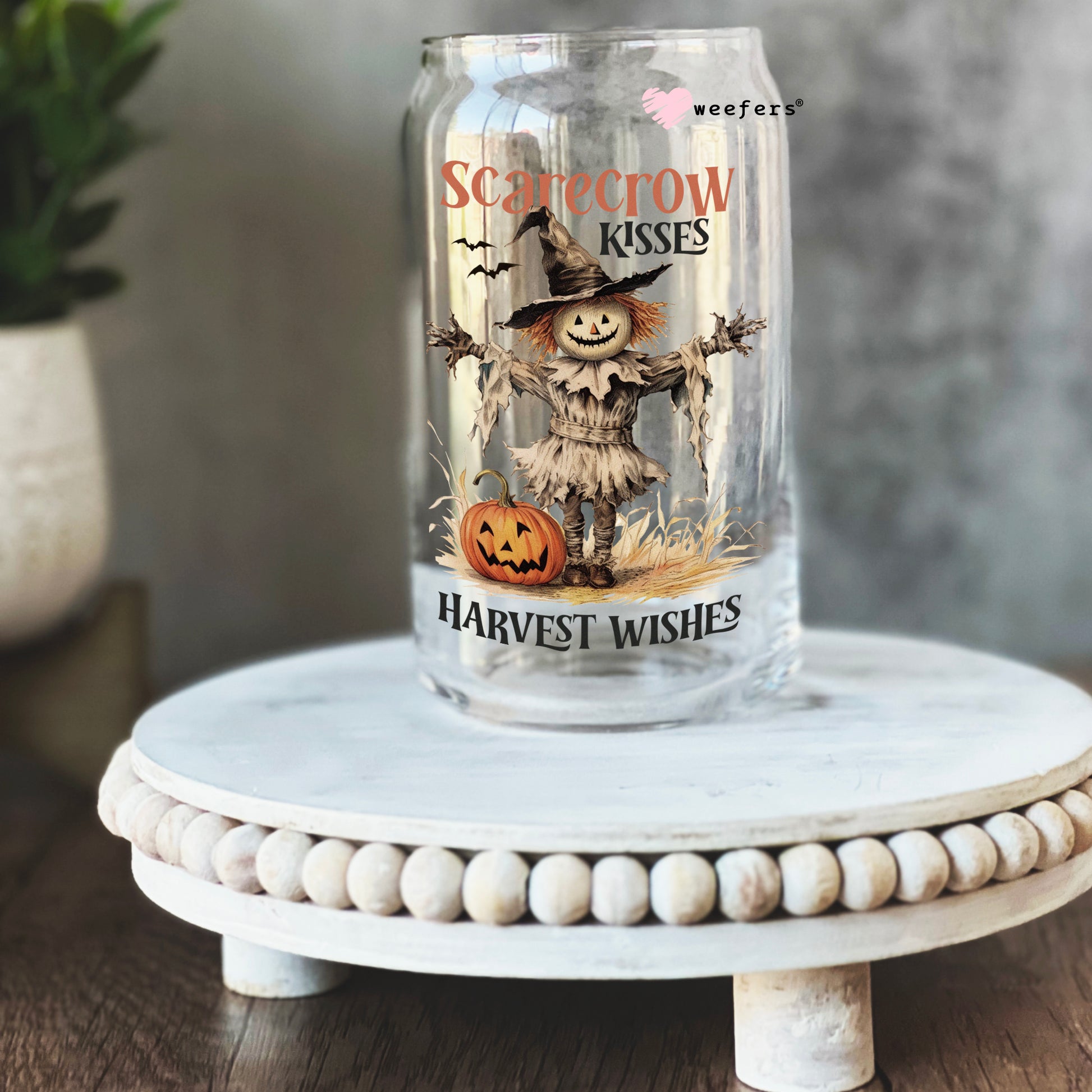 Scarecrow Kisses Harvest Wishes Vintage Fall 16oz Libbey Glass Can UV DTF or Sublimation Wrap - Decal - Weefers