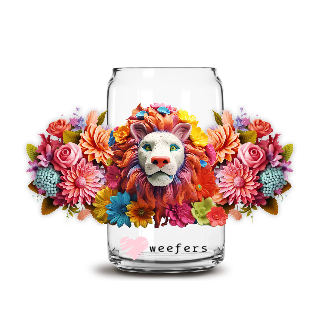 a glass jar with a lion head and flowers around it