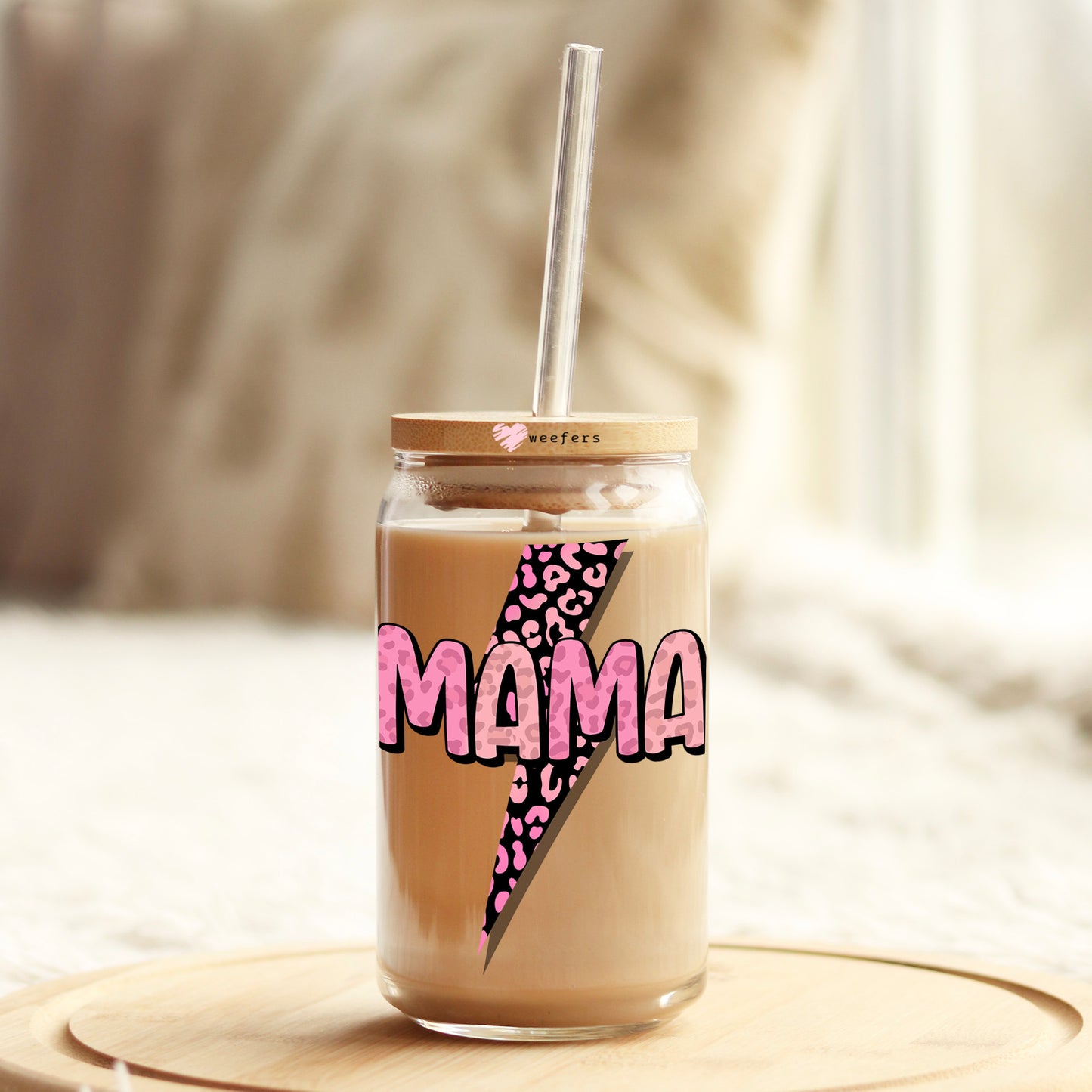 Pink Mama Lightening Bolt 16oz Libbey Glass Can UV DTF or Sublimation Cup Wrap - Decal Transfer - Weefers