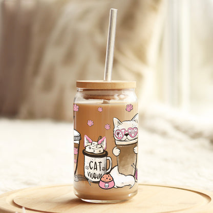 Cat Mom Pink Latte 16oz Libbey Glass Can UV DTF or Sublimation Wrap - Decal - Weefers