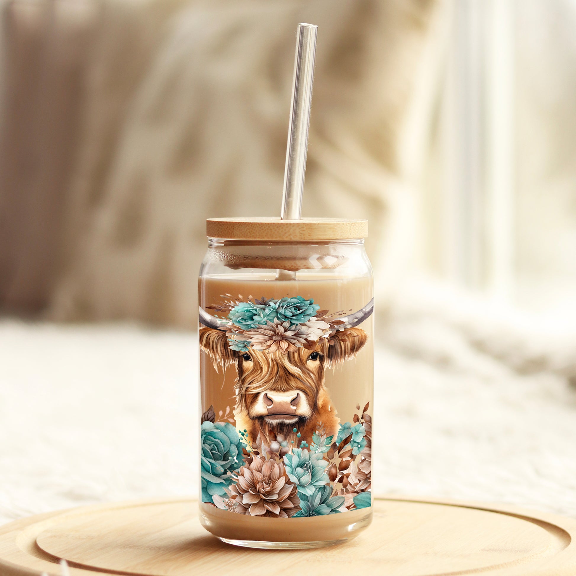 Teal Floral Highlander Cow 16oz Libbey Glass Can UV DTF or Sublimation Wrap Transfer - Weefers