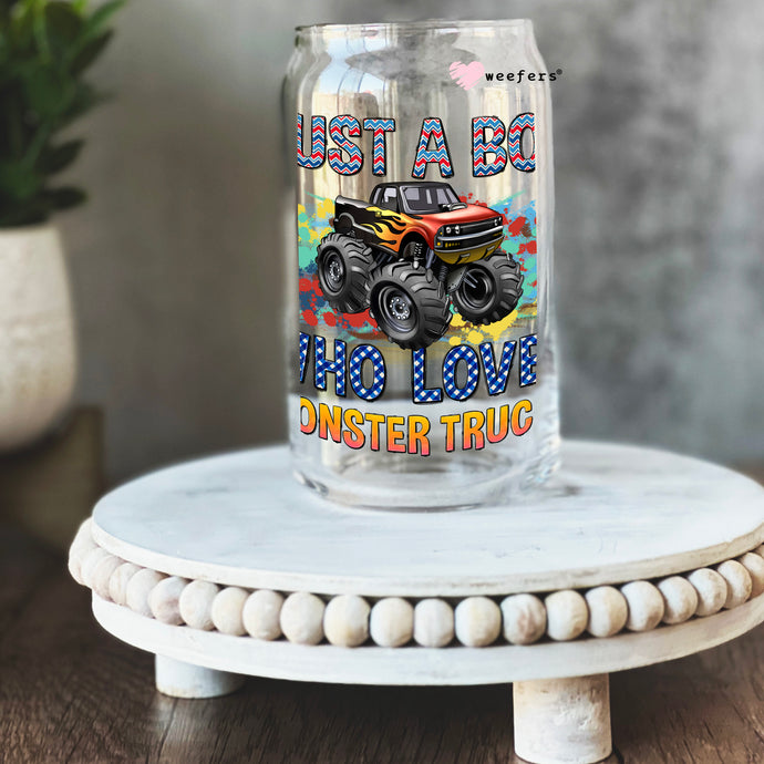 a glass jar with a monster truck on it