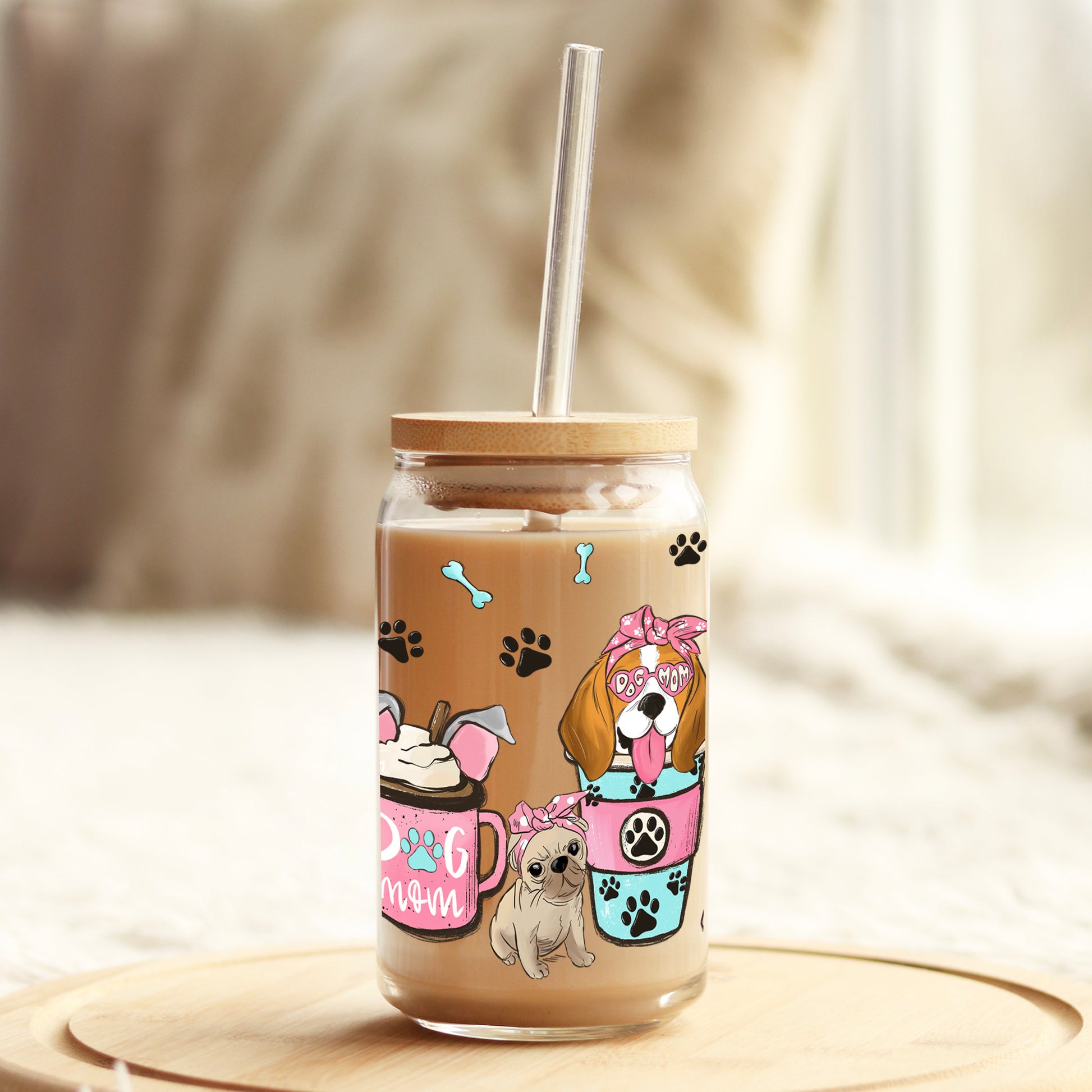 Dog Mom Pink Latte 16oz Libbey Glass Can UV DTF or Sublimation Wrap - Decal - Weefers