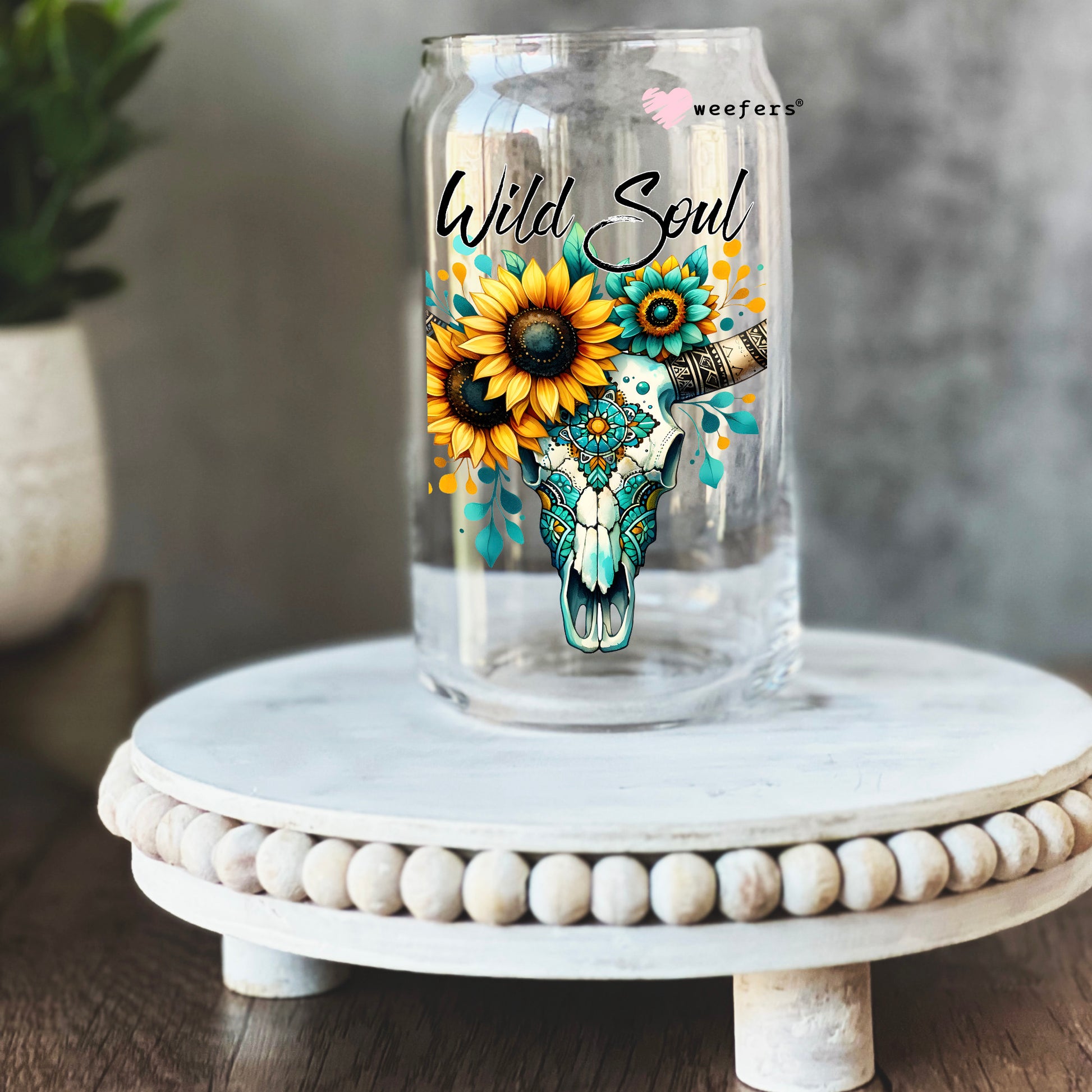 Wild Soul Cow Skull Sunflowers 16oz Libbey Glass Can UV DTF or Sublimation Cup Wrap - Decal Transfer - Weefers