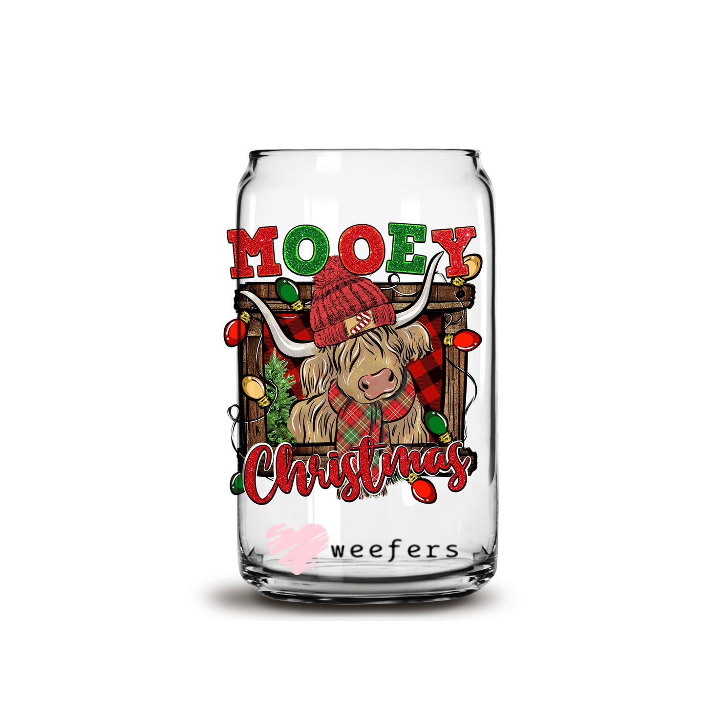 Mooey Christmas Cow 16oz Libbey Glass Can UV DTF or Sublimation Wrap - Decal Transfer - Weefers