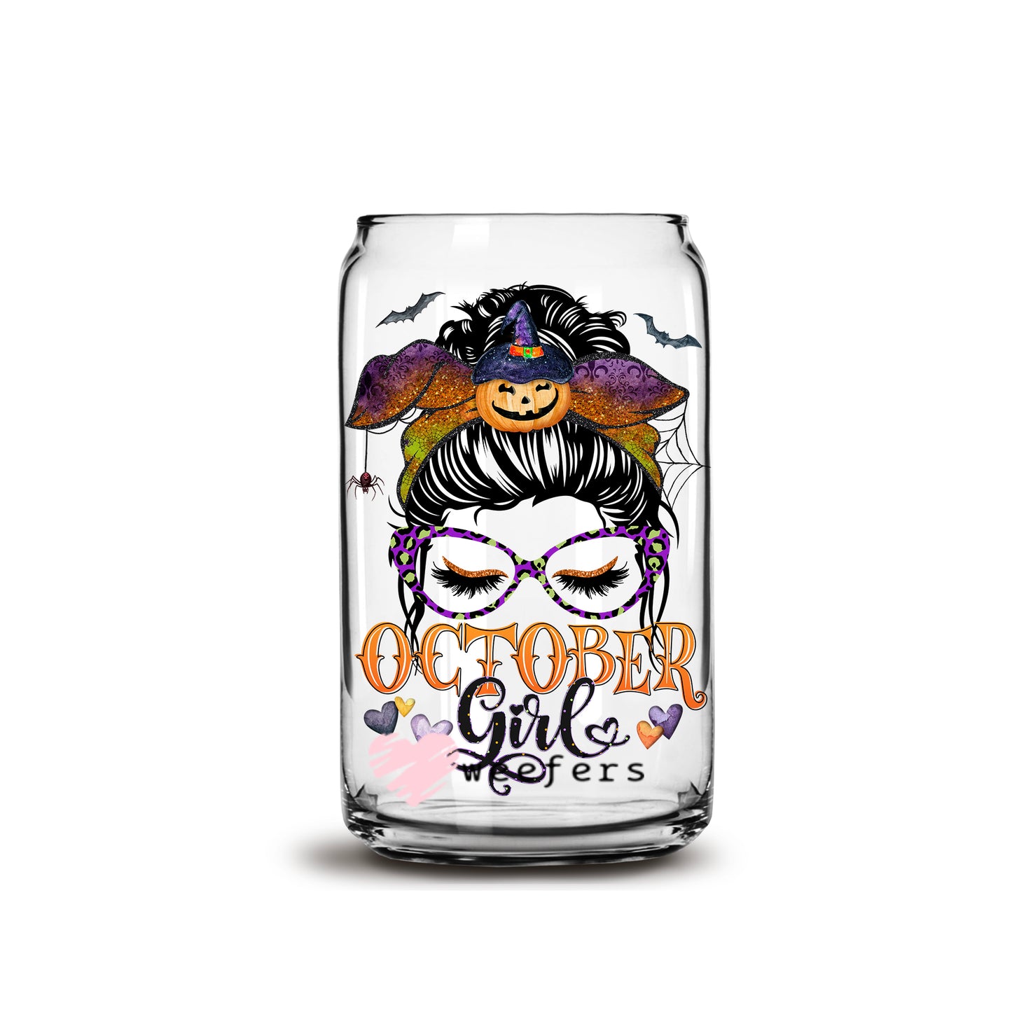 Messy Bun October Girl Birthday Month 16oz Libbey Glass Can UV DTF or Sublimation Wrap - Decal - Weefers