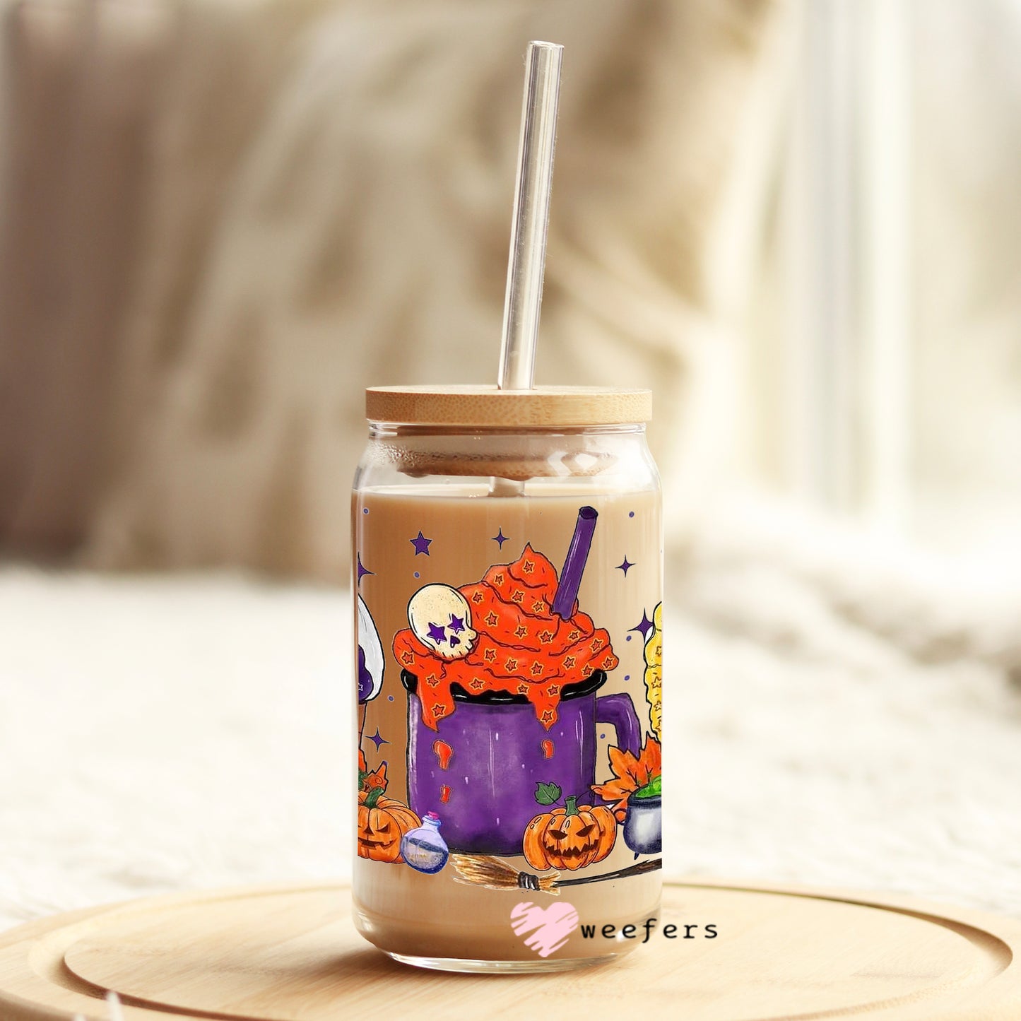 Sisters Coffee Latte Halloween 16oz Libbey Glass Can UV DTF or Sublimation Wrap - Decal - Weefers